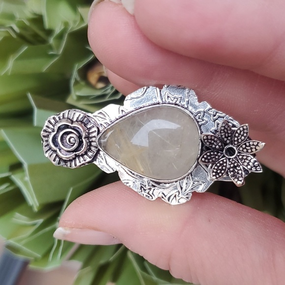 New Golden Rutile Carved 925 Silver Ring. - Picture 12 of 16